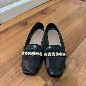 Zara Black Fringe Loafers with Pearl-Trim Strap